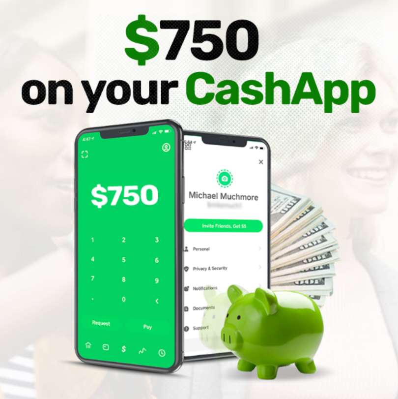 $750 Cash App promotional banner with phones and piggy bank
